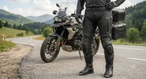 Perforated leather motorcycle pants for touring designed for optimal airflow and abrasion resistance