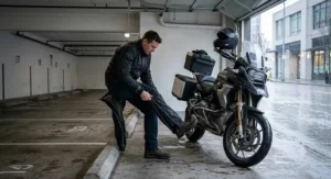 Commuter slipping full-length zippered rain pants over work pants before a motorcycle ride