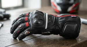 Detailed view of carbon fiber knuckle armor and full gauntlet wrist protection on high-performance racing gloves.