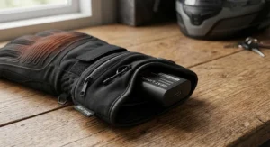 Compact rechargeable lithium-ion battery pack inserted into the zipped wrist pocket of a motorcycle glove liner.