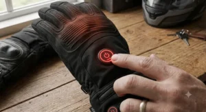 Close-up of the LED temperature control button on a rechargeable heated motorcycle glove liner set to high heat.