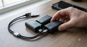 Dual USB charging cable plugged into two rechargeable battery packs for motorcycle heated glove liners.