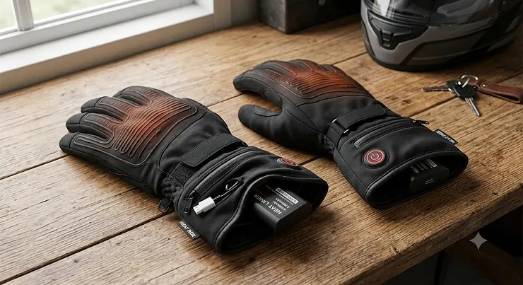 Pair of black rechargeable heated motorcycle glove liners with built-in heating elements and wrist battery packs.