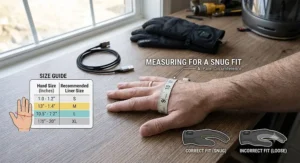 Hand measurement guide illustrating proper sizing for a snug fit with rechargeable heated motorcycle glove liners.