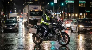 High-visibility reflective rain pants for motorcycle commuting at night in urban traffic