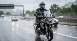 Motorcycle rider wearing black waterproof textile pants while riding on a rainy highway.