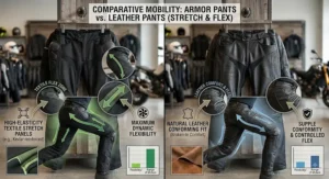 Mobility diagram showing elastic stretch panels in armored motorcycle pants compared to broken-in leather pants.