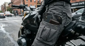 Side pocket storage on durable motorcycle cargo pants holding phone and wallet during a daily urban ride.