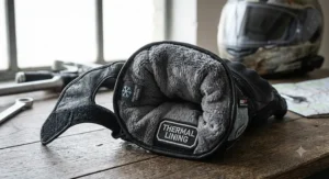 Insulated interior lining of cold-weather motorcycle touring gloves for comfortable multi-state highway travel.