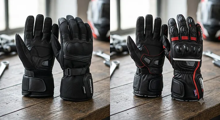 Side-by-side comparison of leather racing gloves and textile touring gloves showing visual differences for long rides. touring gloves vs racing gloves for long rides