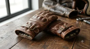 Vintage brown leather women's motorcycle gloves designed for small hands with adjustable wrist strap
