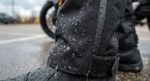 Close-up of water droplets beading off the heavy-duty waterproof fabric of men's riding overpants for rain protection.