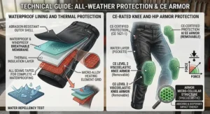Diagram illustrating waterproof lining and CE-rated knee protection on heated winter motorcycle pants.