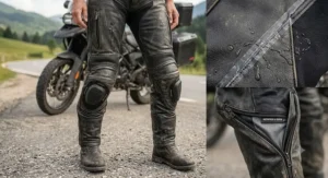 Waterproof leather motorcycle pants for touring with sealed seams and ventilation zippers