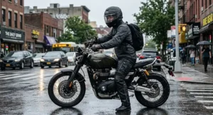 Rider on a city street in rainy weather wearing waterproof motorcycle cargo pants suited for all-weather daily riding.