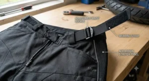 Detail view of adjustable waist straps and elastic stretch panels on waterproof motorcycle textile pants.