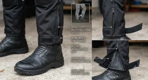 Diagram showing reinforced lower leg zippers fitting waterproof motorcycle textile pants over riding boots.