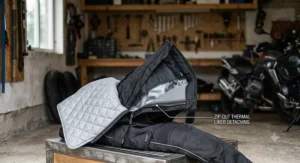 Illustration of a zip-out thermal liner detaching from waterproof motorcycle textile touring pants.