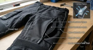 Close-up diagram of thigh intake vents on waterproof motorcycle textile pants for airflow.