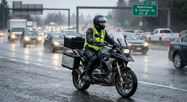 Motorcycle rider wearing waterproof rain pants during a rainy morning highway commute