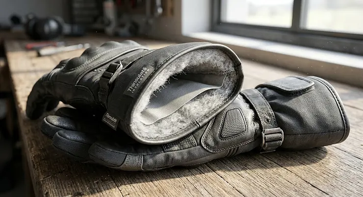 A close-up illustration of waterproof winter motorcycle gloves featuring breathable membrane layers and Thermal Thinsulate insulation.
