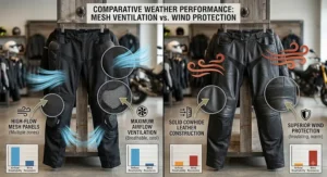 Illustration comparing mesh airflow ventilation in armored motorcycle pants with wind protection in leather motorcycle pants.