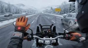 Motorcyclist riding on a cold winter highway wearing rechargeable heated glove liners under protective riding gear.