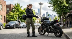 Female rider in stylish olive green motorcycle cargo pants preparing for her daily motorcycle commute.