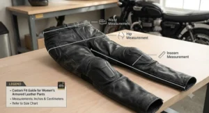 Fit guide illustration highlighting waist, hip, and inseam measurements for women's armored motorcycle pants