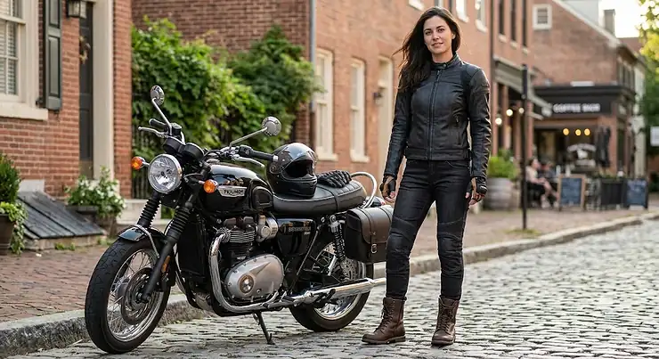 Woman wearing stylish black women's armored motorcycle pants with built-in knee protection