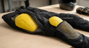 Close-up diagram of removable CE Level 2 hip and knee armor inside women's motorcycle pants