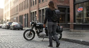 Female commuter walking off a street motorcycle wearing casual-style women's armored motorcycle pants