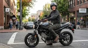 Woman wearing stylish commuter motorcycle pants ideal for short daily rides to work
