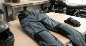 All-weather women's armored motorcycle pants with waterproof shell and adjustable waist straps