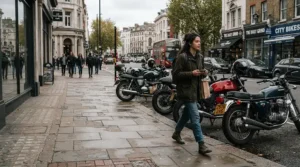 A commuter walking in the city wearing adventure touring boots vs street touring boots