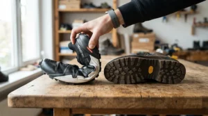 A side-by-side view demonstrating boot flex rating differences in adventure touring boots vs street touring boots