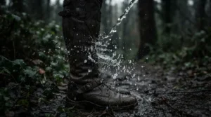 Water splashing against footwear to test waterproofing in adventure touring boots vs street touring boots