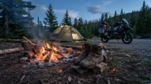 Rider wearing affordable touring boots relaxing near a campfire at a wooded campsite.
