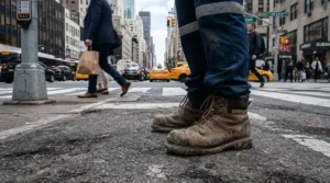 Commuter wearing affordable touring boots waiting at a downtown traffic light.