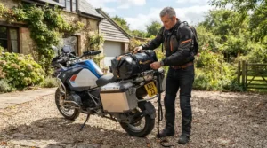 Traveler packing affordable touring boots into motorcycle saddlebags before a weekend trip.