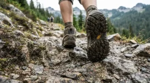 Detailed view of the durable tread on affordable touring boots standing on rocky ground.