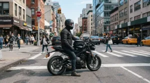 Commuter wearing black mesh motorcycle gloves for summer riding stopped at a downtown intersection