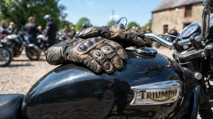 Black mesh motorcycle gloves for summer riding resting on a cruiser gas tank in full sunlight