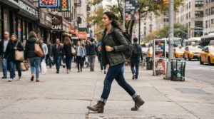 A commuter walking down a New York sidewalk wearing budget commuter motorcycle shoes.