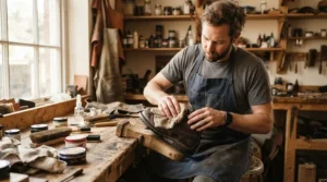 Racer wiping down leather budget racing boots for amateur racers after a weekend event