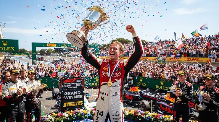 Amateur racer celebrating a podium finish while wearing worn budget racing boots for amateur racers