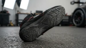 Detailed view of the rubber sole on budget racing boots for amateur racers showing traction patterns