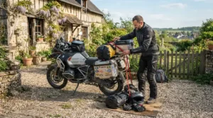Rider packing affordable rain touring gear and budget waterproof touring boots into saddlebags.