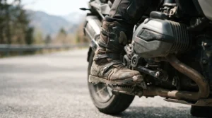 Close-up of cheap waterproof riding boots showing reinforced shift pads and durable construction.