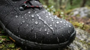 Water beading off the surface of budget waterproof touring boots to illustrate membrane technology.